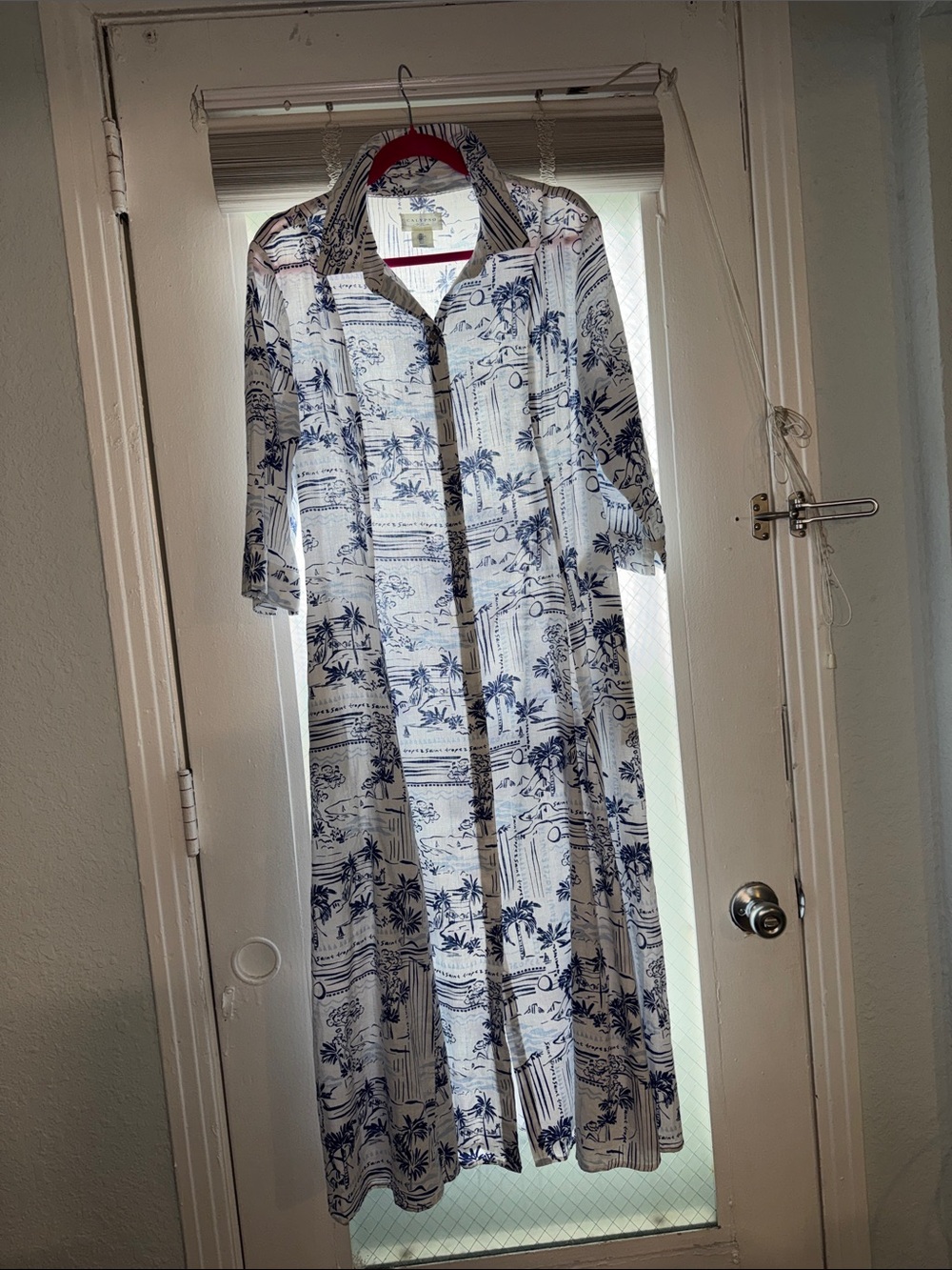 Calypso St Barth Button-Front White and Blue Printed Midi Dress